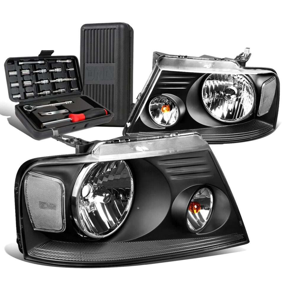 Baking 2004-2008 d F150 Pickup Pair Black/Clear Signal Headlight Lamps+Tool Box