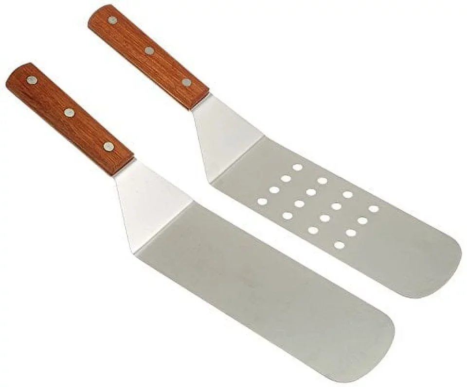 Healthy Multi-Purpose Great Credentials new Long Grill Stainless Steel Spatula, Turner, 1 Perforated Face & 1 Solid Face Spatula great for BBQ with wooden handle Set of 2
