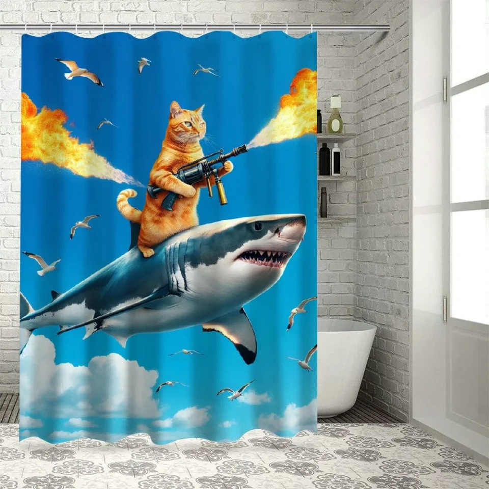 Safe Non-Toxic Lzatpd Funny Surfing Cat Shower Curtain Cool Riding Shark Hilarious Nautical Ocean Waves Seagull Teal Cute Animals for Child Kids Boys Waterproof Polyester Fabric Bathroom Bathtub