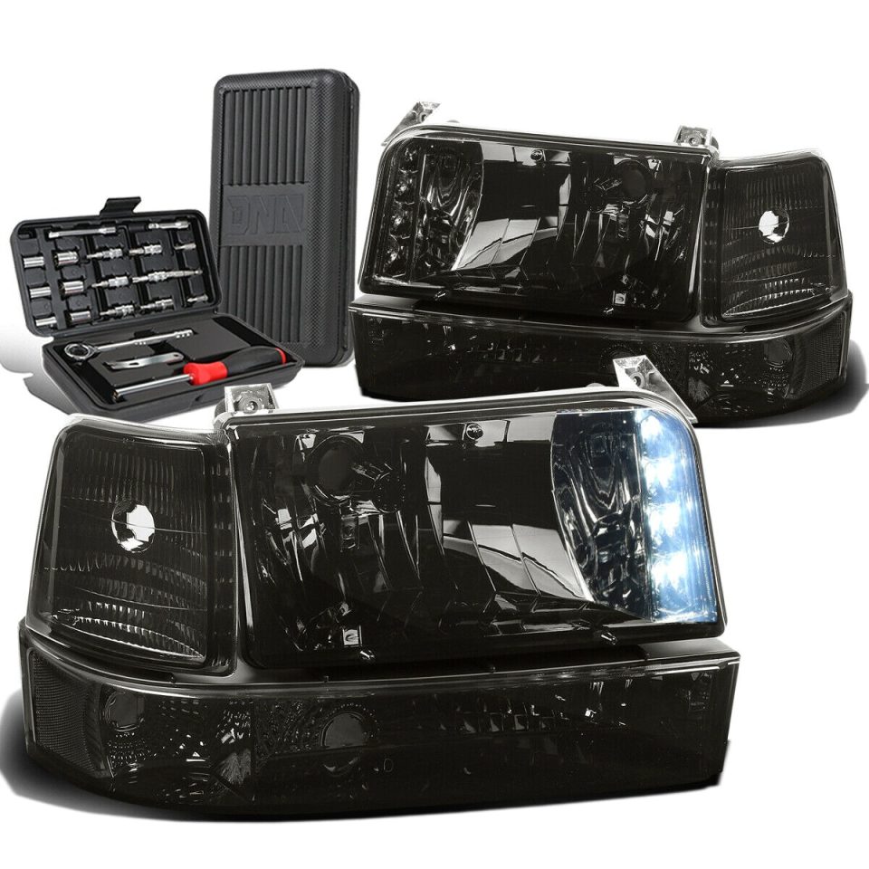 Frosted Easy-Clean 1992-1996 d F-Series LED DRL Smoked Clear Bumper Headlight Lamps+Tool Box