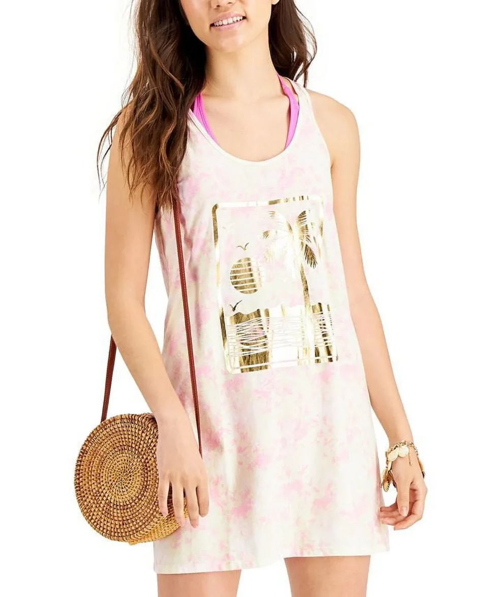 Prime Miken PINK TIE DYE Juniors' Graphic-Print Cotton Cover-up Swim Dress, US Small