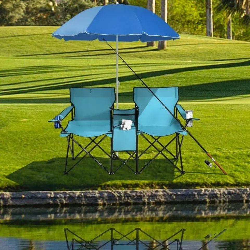 Space-Saving Portable Picnic Chair Set with Umbrella, Table, Cooler Bag & Holders - 15.0 - Comfort and convenience for all your outdoor adventures!