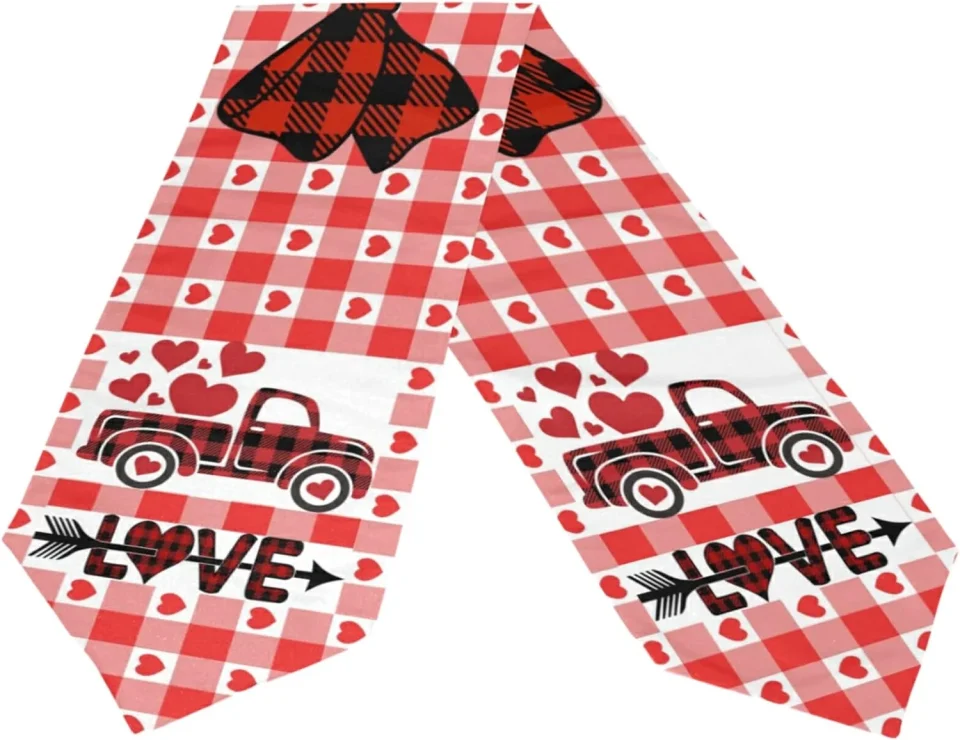 Prime Easy-Clean Dreamtimes Double Sided Valentine's Day Long Polyester Table Runner 13 x 70 Inches Plaid Hearts Table Cloth Cover Placemats for Kitchen Dinning Living Holiday Wedding Party Decor