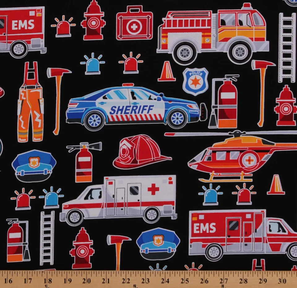 Baking Cotton Fireman Firemen Police Ambulance EMS Sheriff Emergency Medical Services Black Cotton Fabric Print by the Yard (9736GL-12)