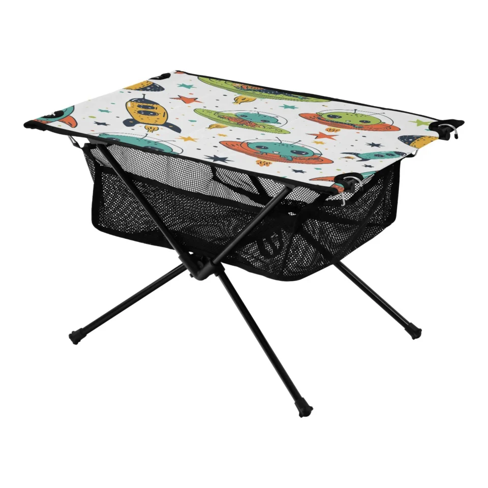 Travel Cartoon Spacecraft Camping Folding Table Portable Beach Table with Storage Bag Compact Picnic Table for Outdoor Travel Fishing BBQ