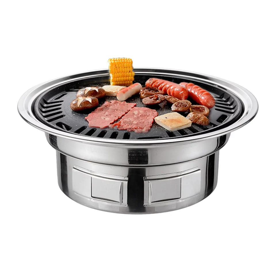 Bamboo 13 Inch Korean BBQ Grill Multifunctional Charcoal Barbecue Grill Round Camping Grill Tabletop Smoker Grill Grilled Net & Tray for Courtyard Picnic Beach BBQ