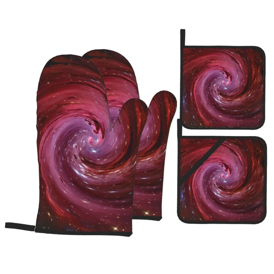 Matte YFYANG Oven Mitts and Pot Holders Sets 4 Pieces, Non-Slip Heat Resistant Red Spiral Galaxy Kitchen Glove Pot Mat for Cooking and Baking