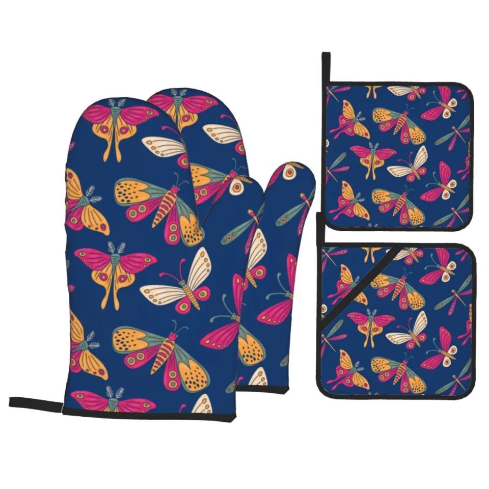 Core Home XMXT Heat Resistant Oven Mitts and Pot Holders Sets, Fuchsia Vintage Butterfly Oven Mitt Hot Pads Kitchen Cooking BBQ Gloves, 4 Pcs