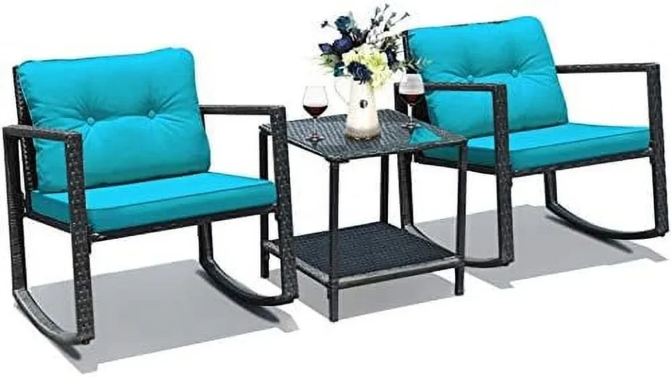 Thickened Versatile SPBOOMlife 3-Piece Rocking Bistro Set Outdoor Patio Rocking Chairs with Coffee Table Rattan Wicker Conversation Set for Garden Lawn Backyard Balcony