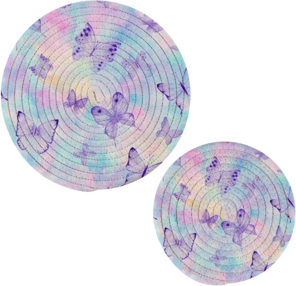 Upgraded Leak-Proof Hotbar Watercolor Butterflies Pot Holder Set of 2, Pure Cotton Heat Resistant Wear-Resistant and Non-Slip Stylish Round Pot Holder for Daily Kitchen,Dining Table,Office,Cafe, Restaurant,BBQ