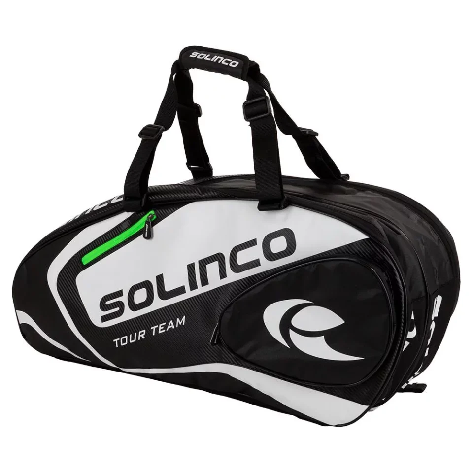 Frosted Dining Solinco 6-Pack Tour Team Tennis Racquet Bag White and Black with Green Zipper Lining ( OS )