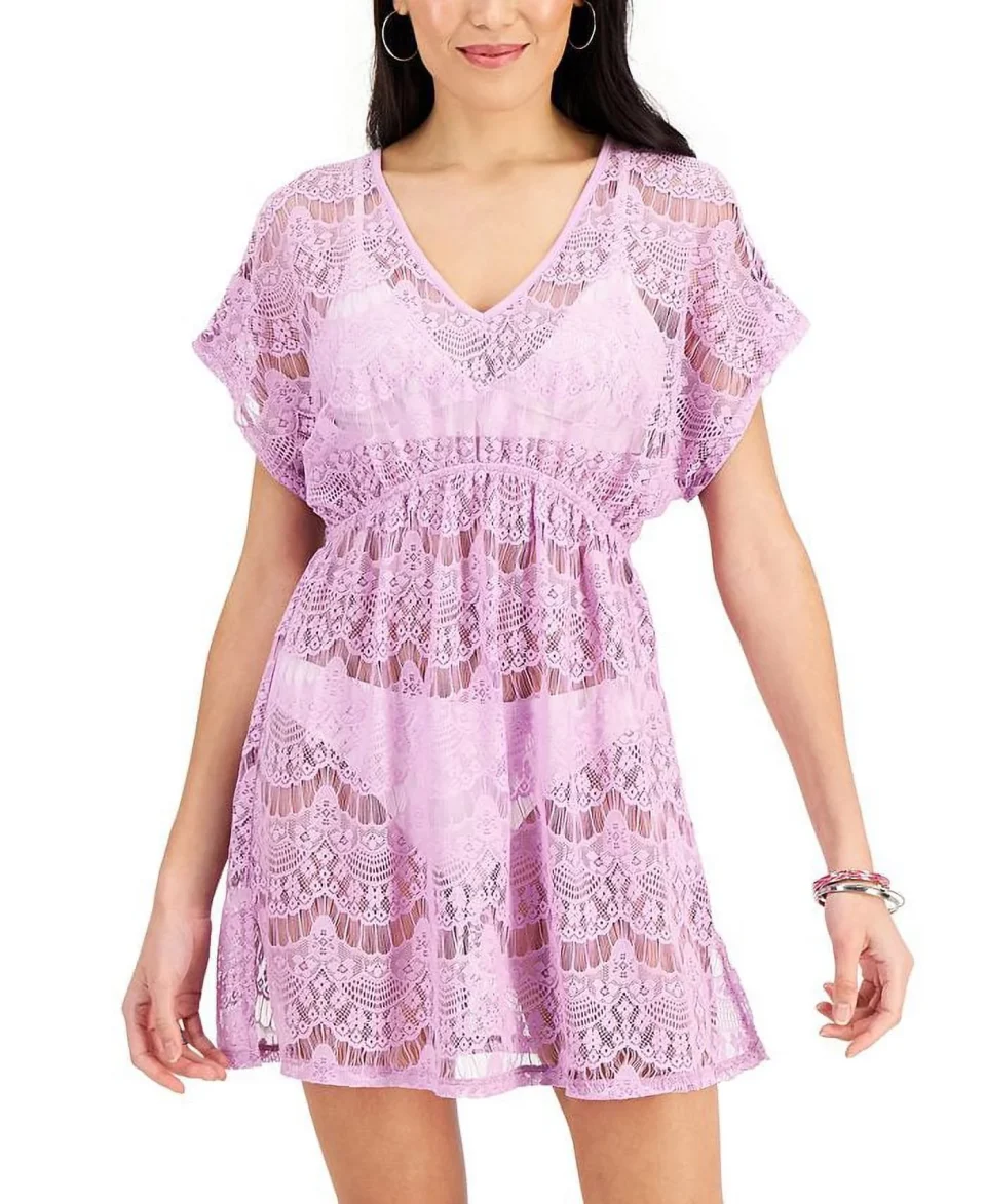 Pure Supreme Miken Junior's Lace Cold Shoulder Swim Cover Up Swimsuit Purple Size Medium