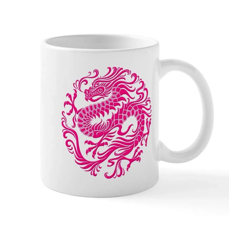 Prime CafePress - Traditional Pink Chinese Dragon Circle Mugs - 11 oz Ceramic Mug - Novelty Coffee Tea Cup