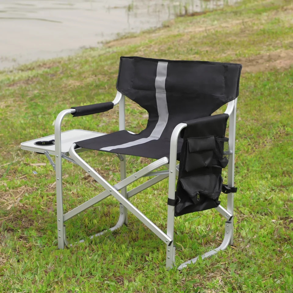 Storage Versatile 1-piece Padded Folding Outdoor Chair with Side Table and Storage Pockets,Lightweight Oversized Directors Chair for indoor, Outdoor Camping, Picnics and Fishing,Black/Grey