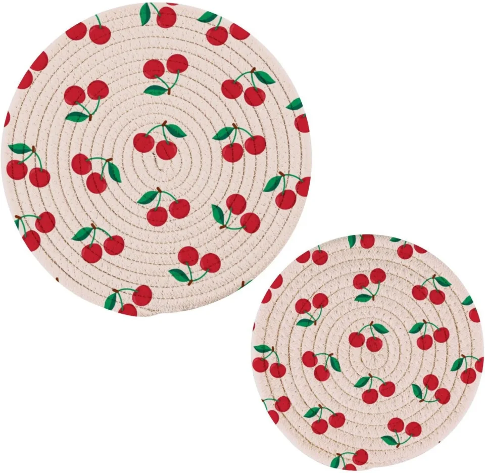 Stainless Steel Coolnut Cute Cherry Cotton Pot Holder Set of 2, Pure Cotton Wear-Resistant and Non-Slip Stylish Round Pot Holder for Daily Kitchen, Dining Table, Office, Cafe, Restaurant, BBQ Home Decor Gifts