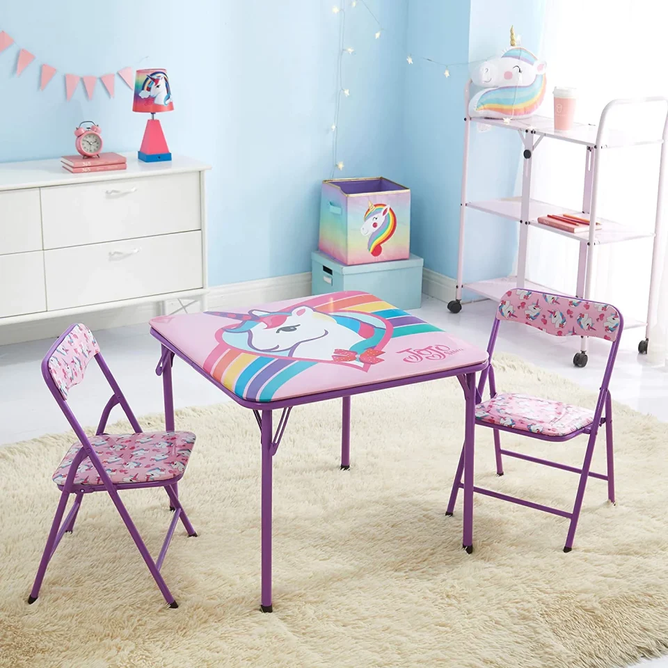 Matte Dining Nickelodeon Jojo Siwa 3 Piece Table & Chair Set with 2 Folding Chairs and 1 Table, Ages 3+, Purple Painted Metal Frame