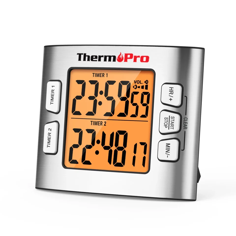 Thickened ThermoPro TM02W Digital Kitchen Timer with Dual Countdown Stop Watches Timer/Magnetic Timer Clock with Adjustable Loud Alarm and Backlight LCD Big Digits/ 24 Hour Digital Timer for Kids Teachers