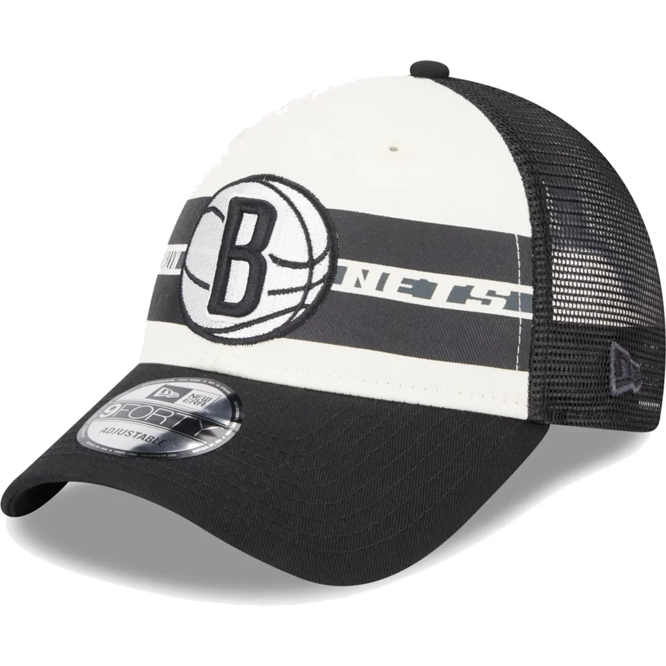Durable Men's New Era Brooklyn Nets Black Stripes 9FORTY Trucker Snapback Hat - OSFA