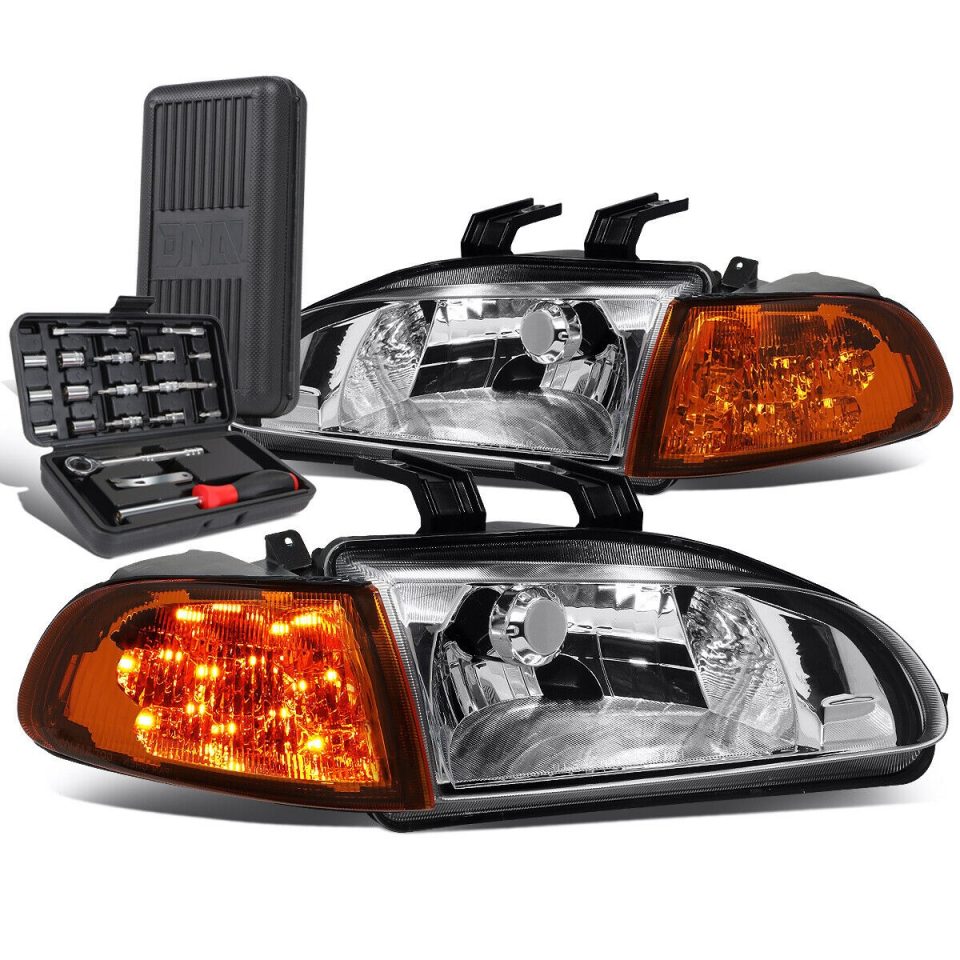 Wooden Thickened 1992-1995 Honda Civic Chrome Housing LED Turn Signal Headlight Lamp+Tool Box