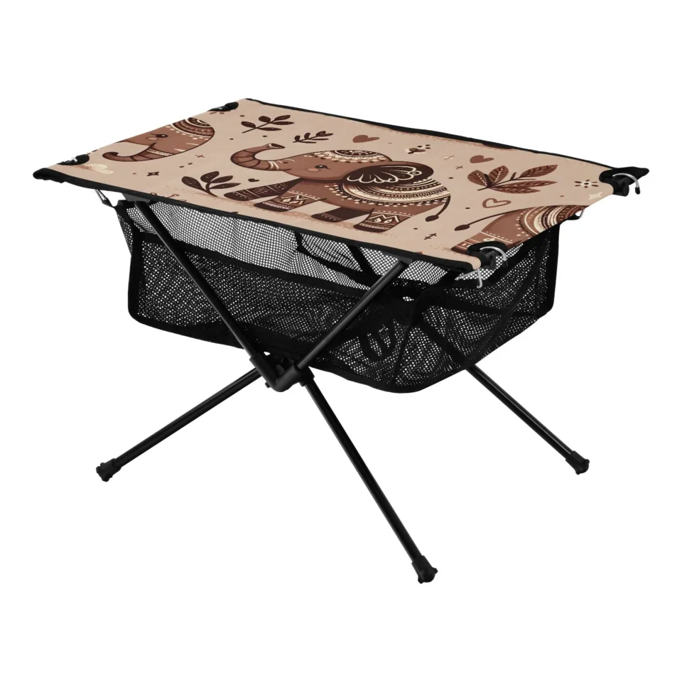Frosted Brown Boho Elephants Camping Folding Table Portable Beach Table with Storage Bag Compact Picnic Table for Outdoor Travel Fishing BBQ