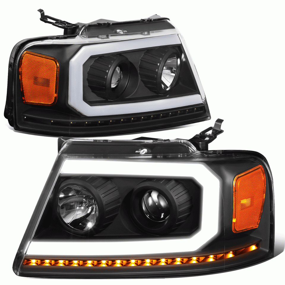 Thickened Easy-Clean 04-08 d F150 Black/ Amber LED DRL Sequential Signal Projector Headlights