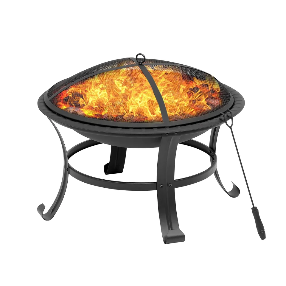 Premium Non-Toxic Vebreda 26 inch Fire Pit Wood Burning Metal Fire Pit with Round Mesh Spark Screen Cover