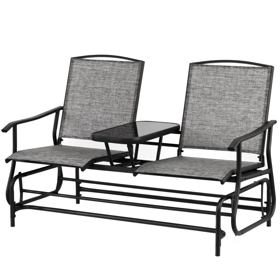 Matte Two Person Outdoor Double Swing Glider Chair Set with Center Tempered Glass Table, Loveseat Lawn Rocker Bench