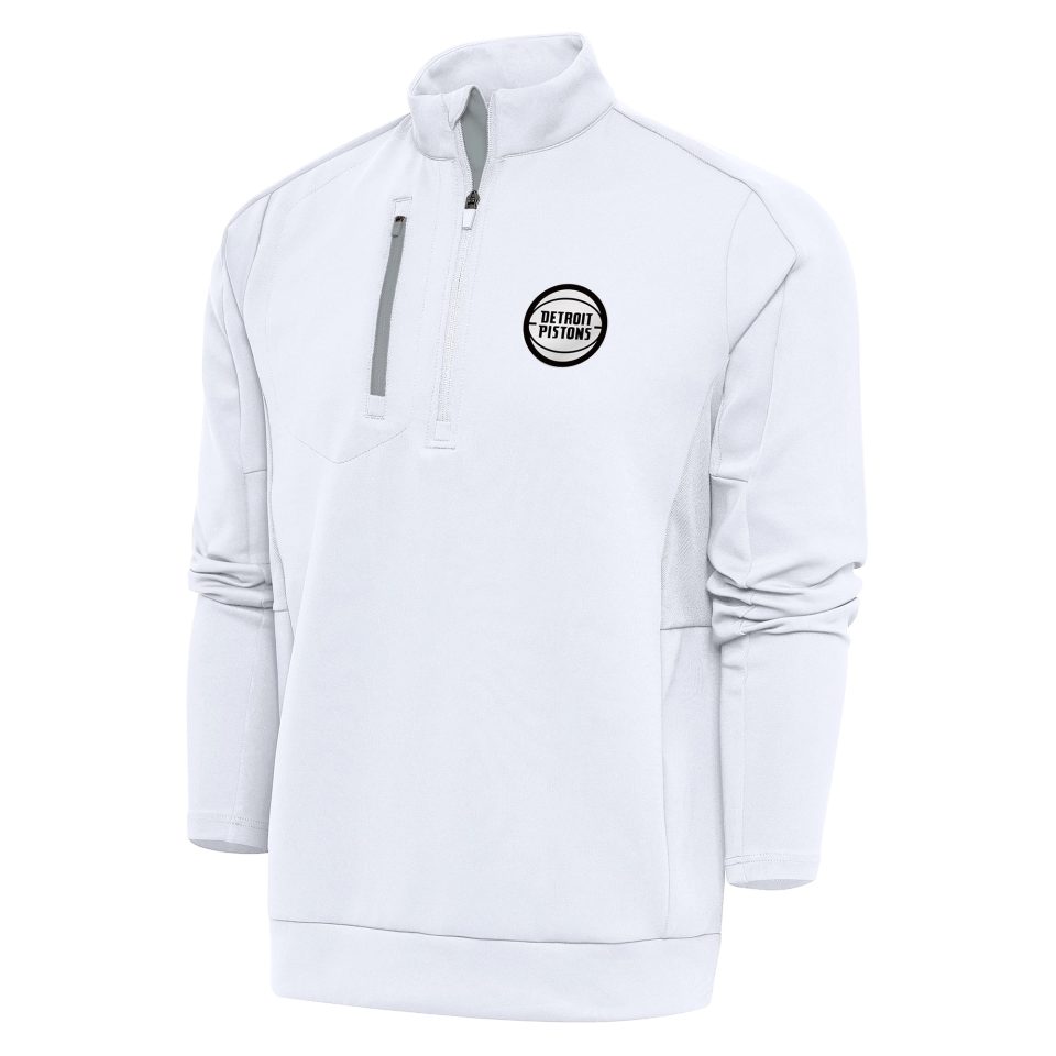 Leak-Proof Men's Antigua White Detroit Pistons Metallic Logo Generation Quarter-Zip Pullover