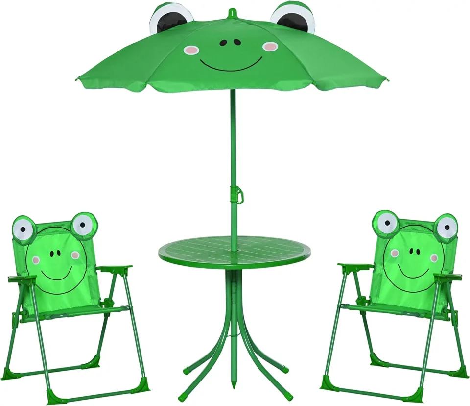 Polished Folding Kids Table and Chair Set, Picnic Table with Frog Pattern Removable & Height Adjustable Sun Umbrella for Garden, Backyard, Green