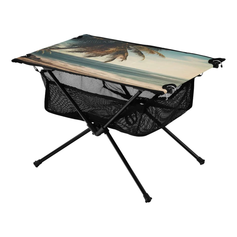 Food-Grade Popular Palm Tree Retro Beach Camping Folding Table Portable Beach Table with Storage Bag Compact Picnic Table for Outdoor Travel Fishing BBQ