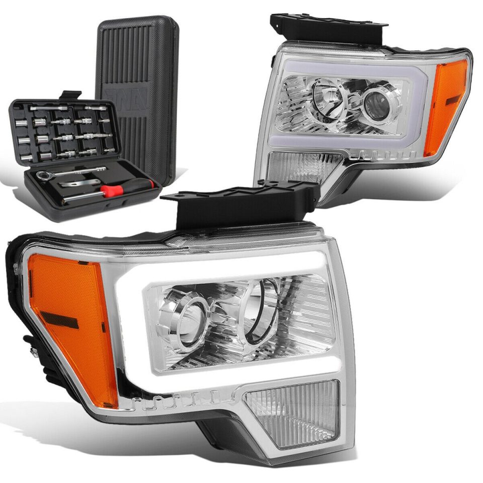 Glass 2009-2014 d F150 LED DRL Tube Chrome Amber Projector Headlights+Too