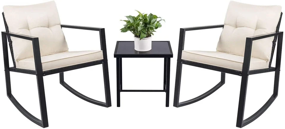 Silicone Portable 3 Piece Rocking Bistro Set Wicker Patio Outdoor Furniture Porch Chairs Conversation Sets with Glass Coffee Table (Beige)